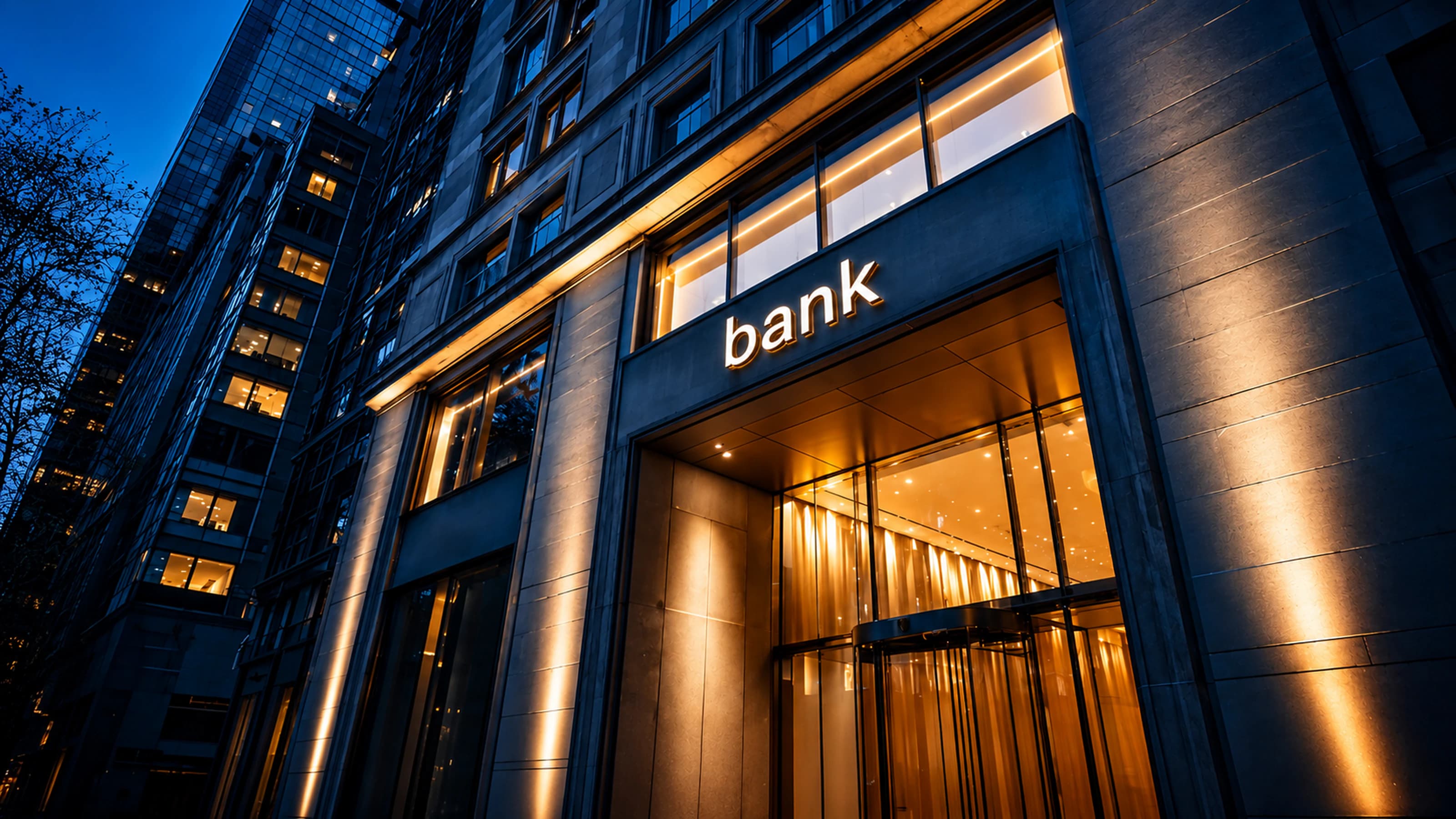A bank at dusk, lit for the people it serves